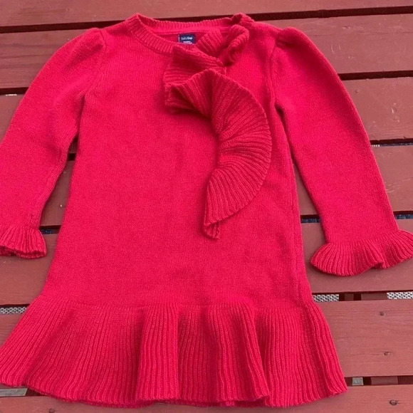 Gap thick, 100% cotton, fuchsia dress with ruffles and  bow - Picture 1 of 5
